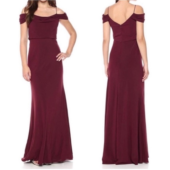 Jenny Yoo Collection Sabine Dress Size 8 Hibiscus Cowl Cold Shoulder Bridesmaid - Picture 1 of 13